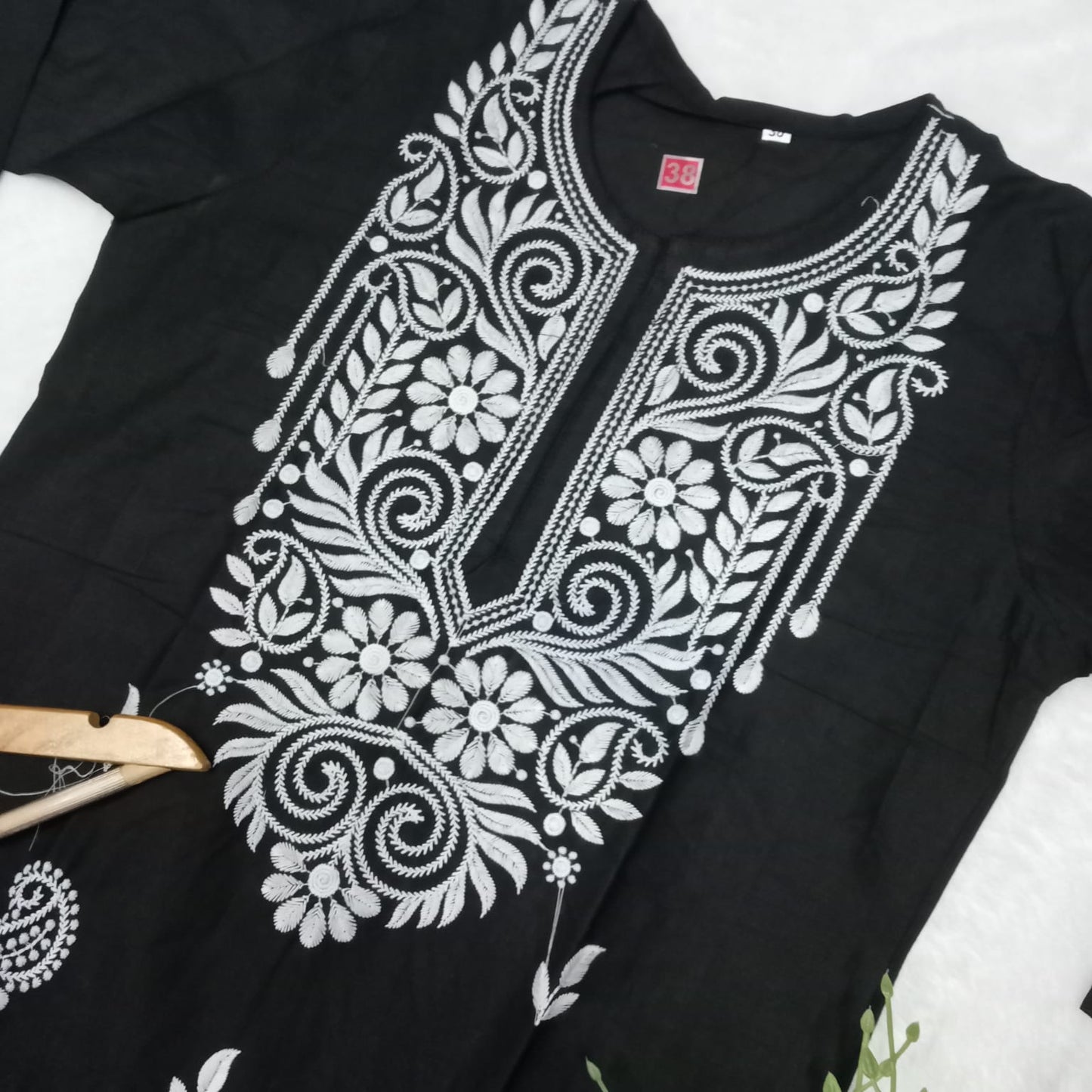 Cotton Machine Work Chikankari Kurti - Black Colour - Chikankaar