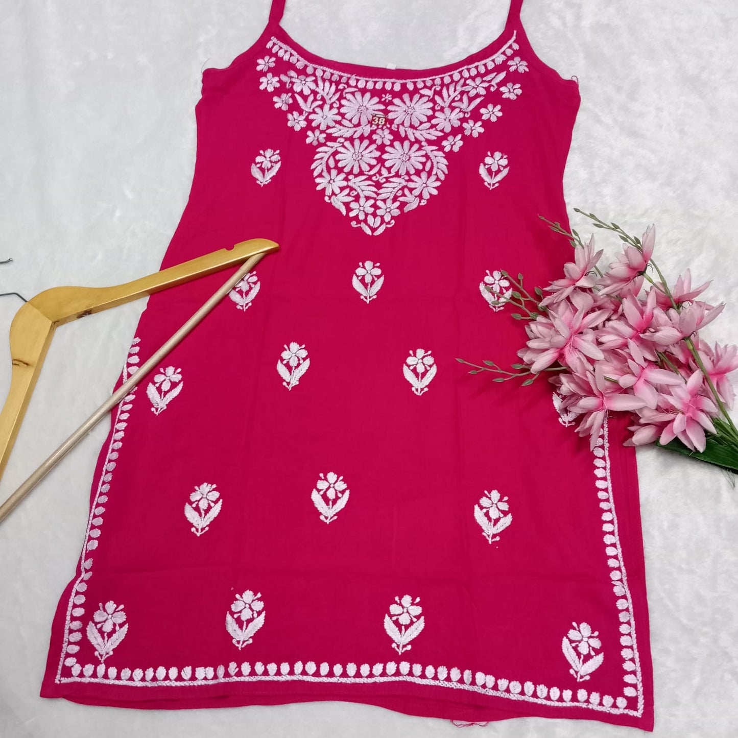 Nafisa Chikankari Sleeveless Short Kurti - Rani Colour - Chikankaar