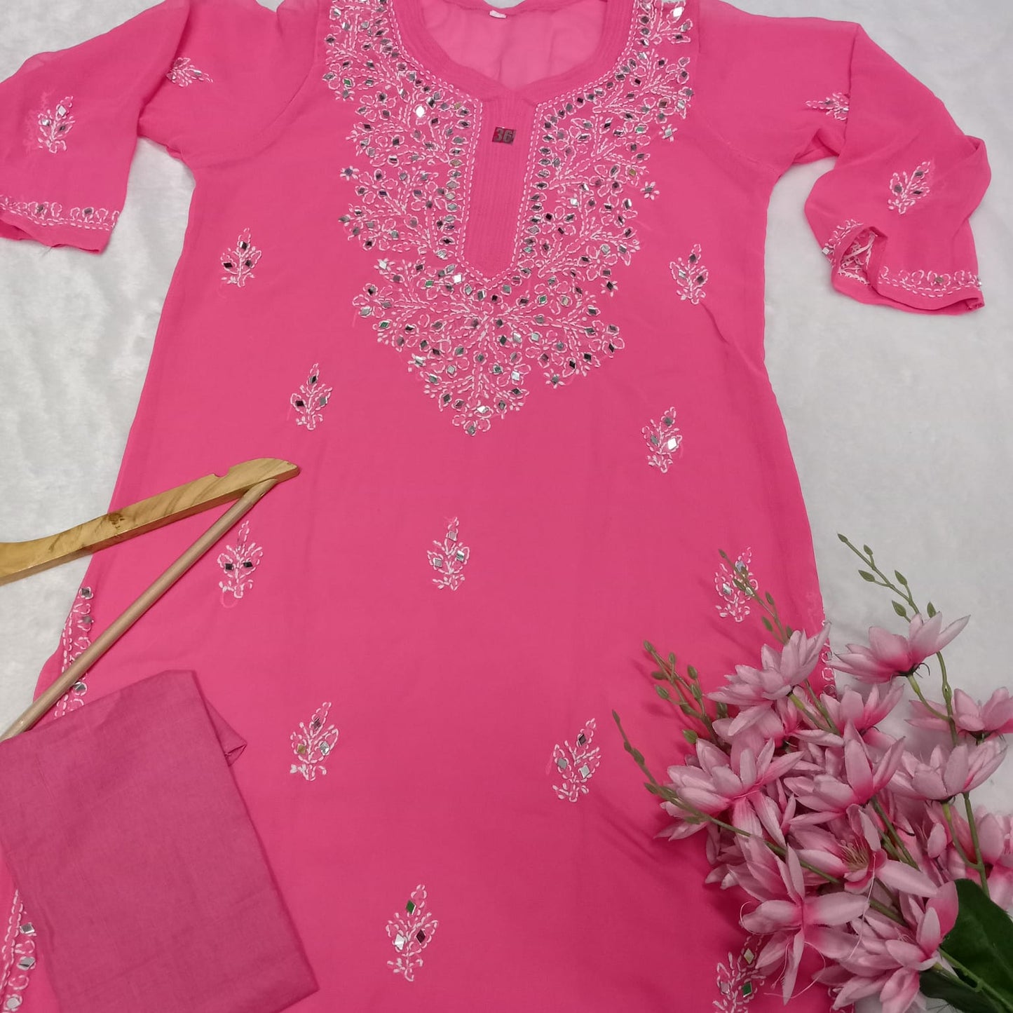 Georgette Mirror Work Chikankari Kurti With Inner - Rani Colour - Chikankaar