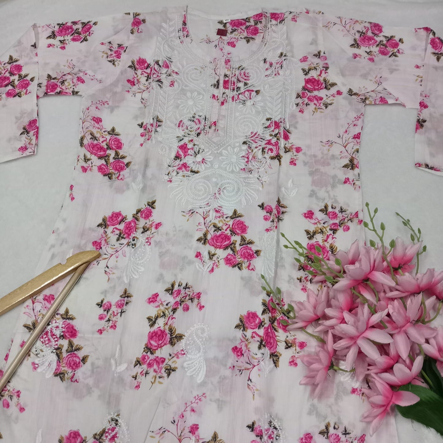Mulmul Cotton Chikankari Machine Work Kurti - Pink Colour - Chikankaar