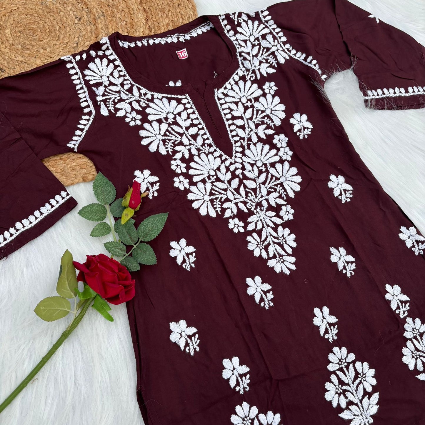 Ina Soft Rayon Chikankari Short Kurti - Brown Colour - Chikankaar