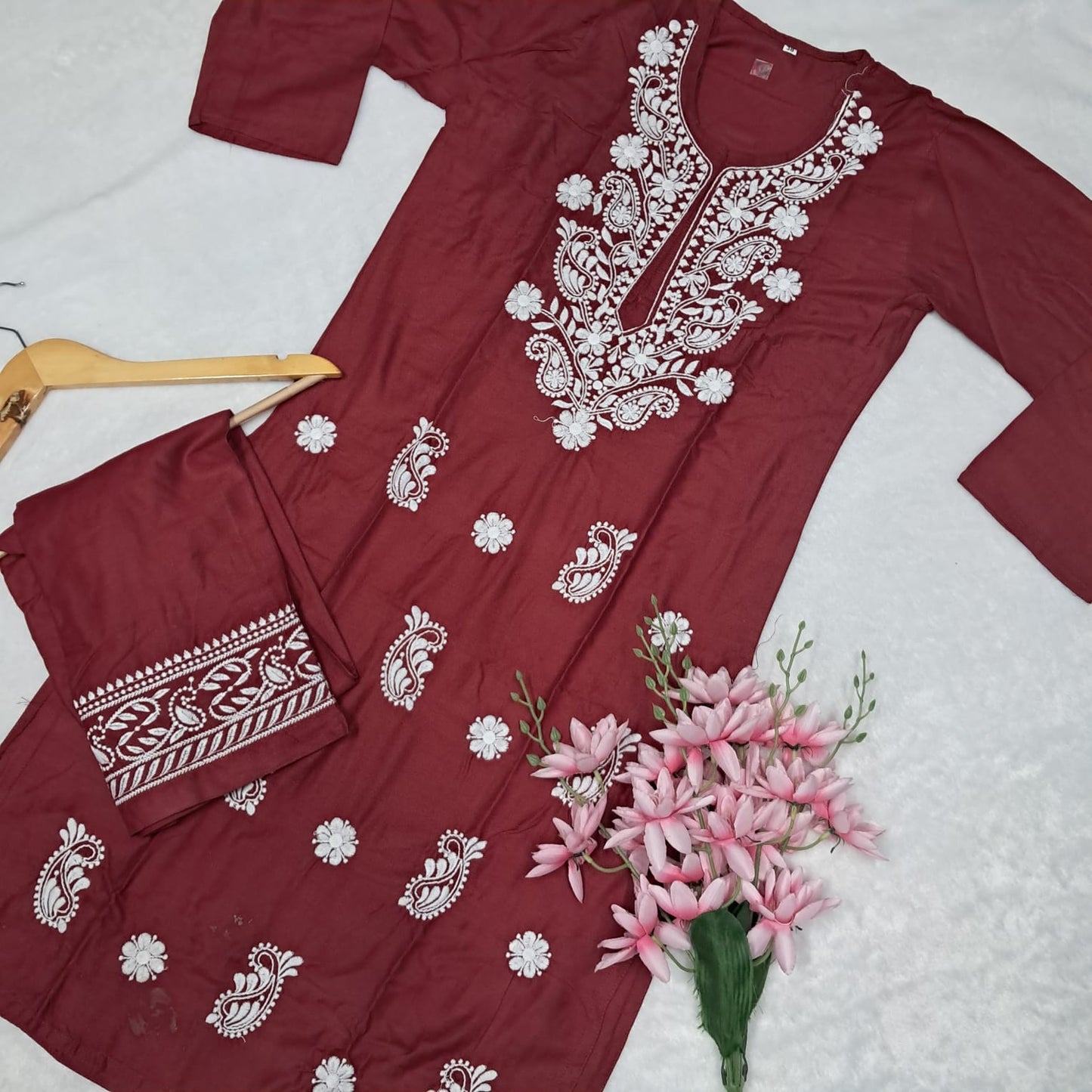 Rayon Chikankari Machine Work Kurti Plazo Set-maroon Colour - Chikankaar