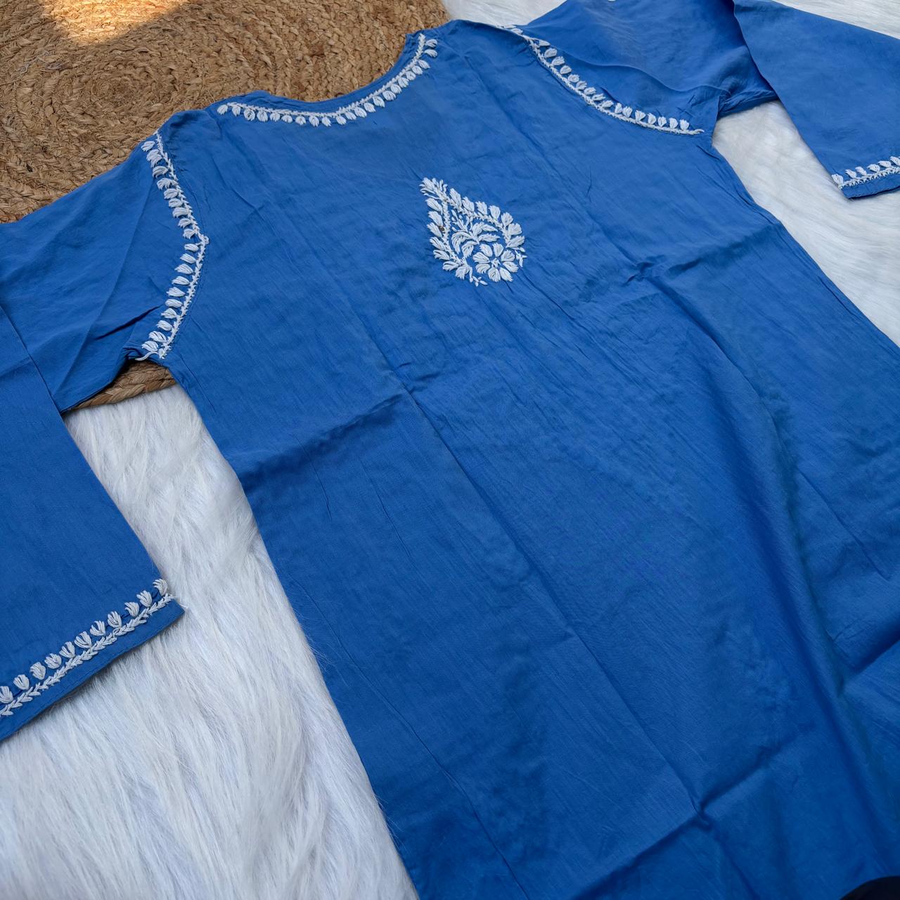 Sabeena Pure Cotton Chikankari Kurti Blue Colour