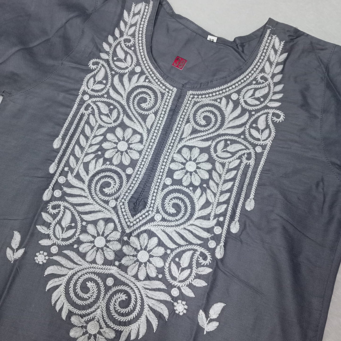 Rayon Chikankari Machine Work Kurti Plazo Set- Grey Colour - Chikankaar