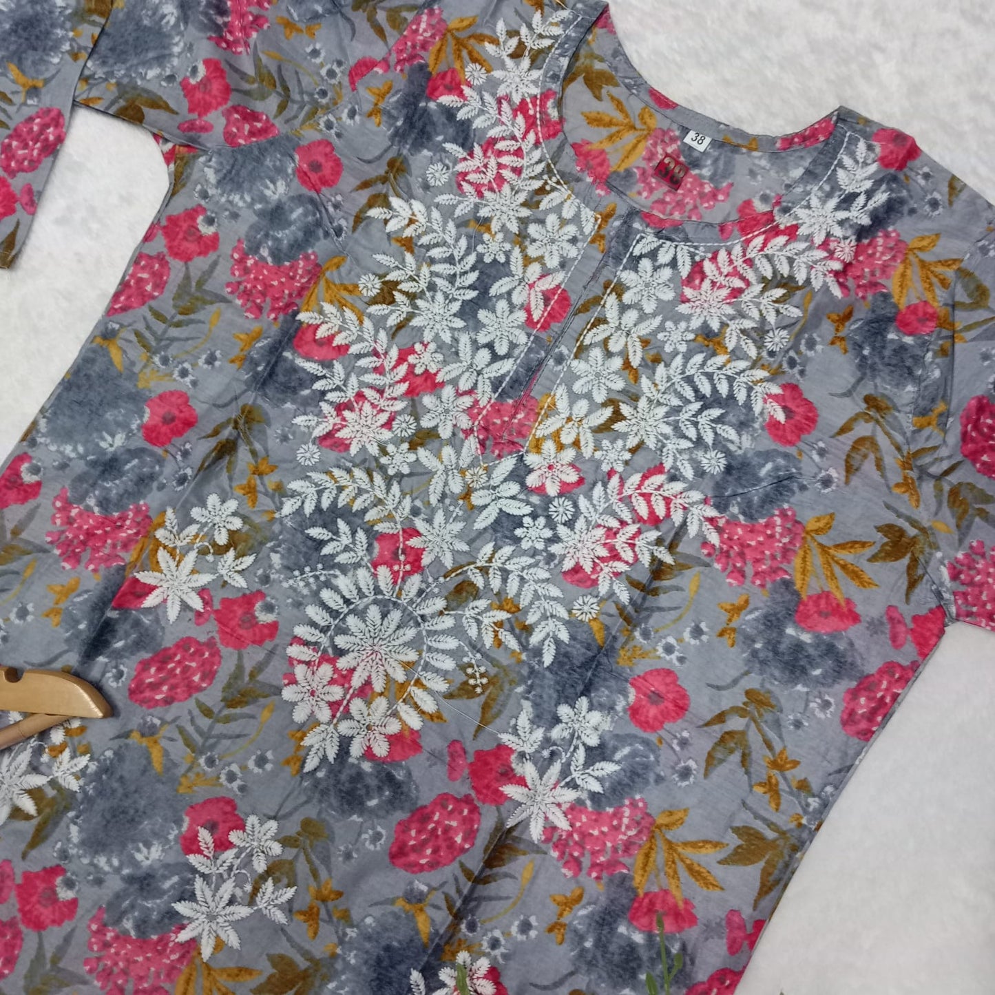 MULMUL COTTON CHIKANKARI MACHINE WORK KURTI -GREY COLOUR - Chikankaar