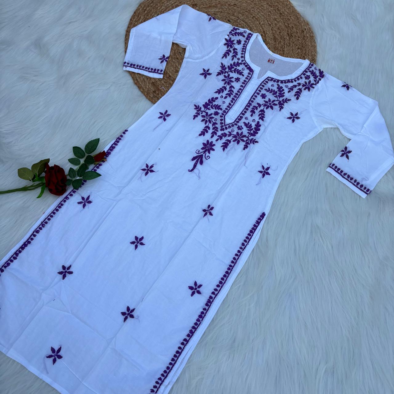 Shraddha Kapoor inspired Pure Cotton Chikankari Kurti - Purple Colour - Chikankaar