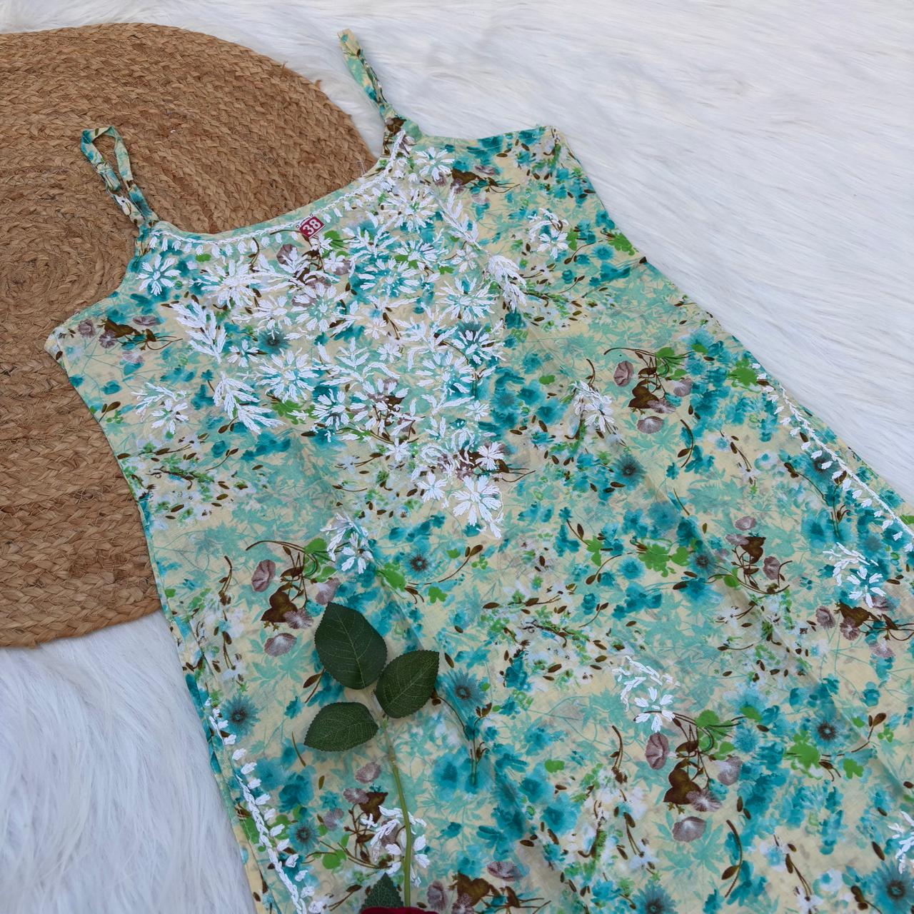 Hana Mulmul Chikankari Noodle Strap Short Kurti -Sea green colour (Length - 38")