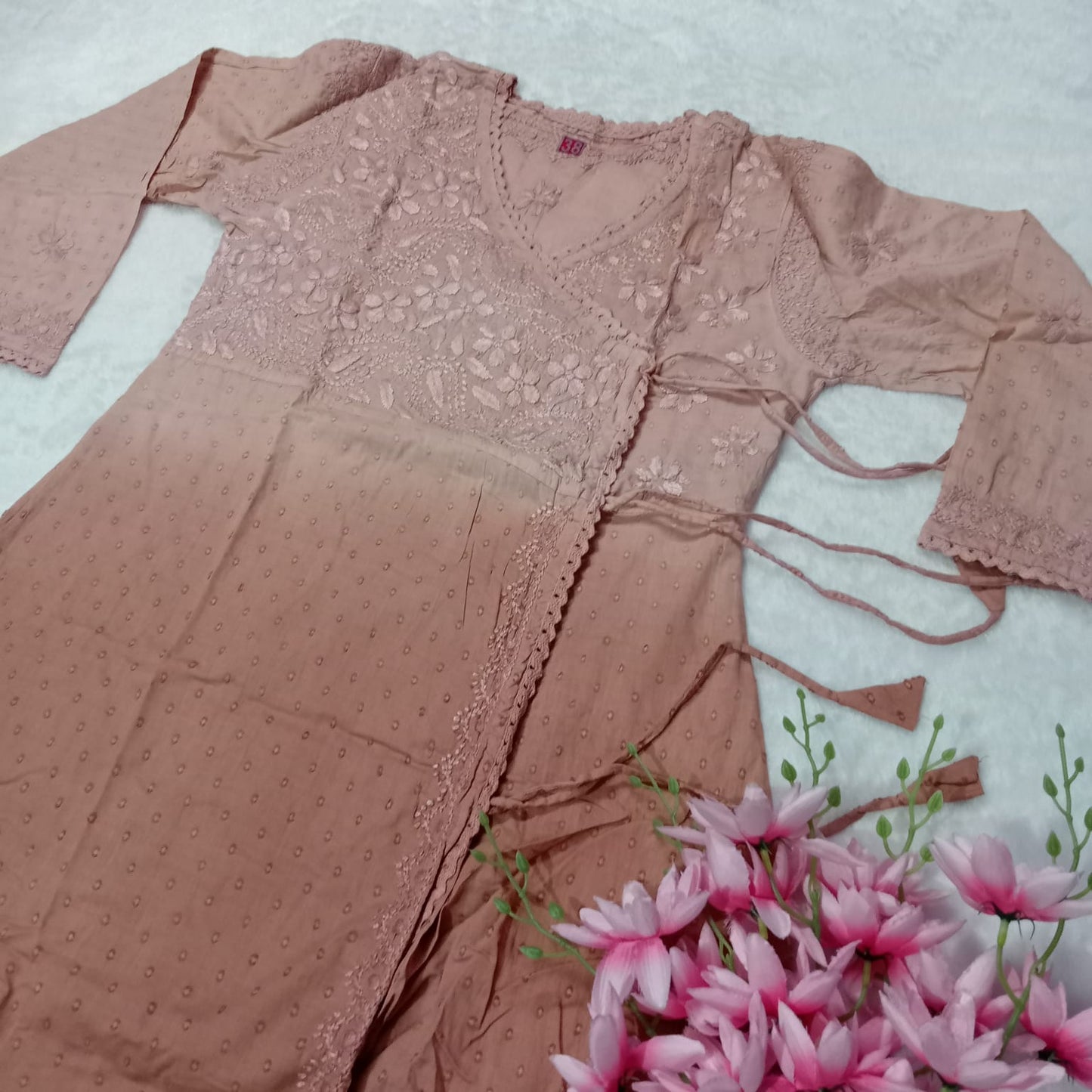 Ombre Shaded Dobby Cotton Chikankari Angarakha -Brown Colour - Chikankaar