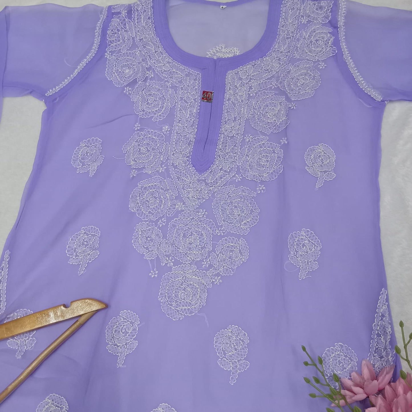 Georgette Chikankari Rose Work Kurti With Pure Cotton Inner -Purple Colour - Chikankaar