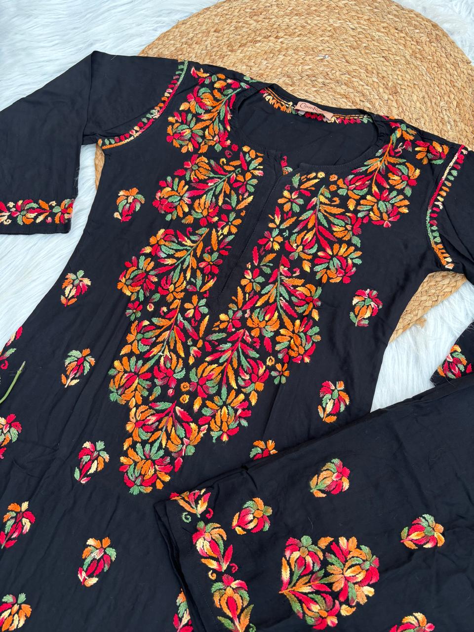 Rawa Soft Rayon Multi Handwork Chikankari Kurti Plazo Set - Multi Colour