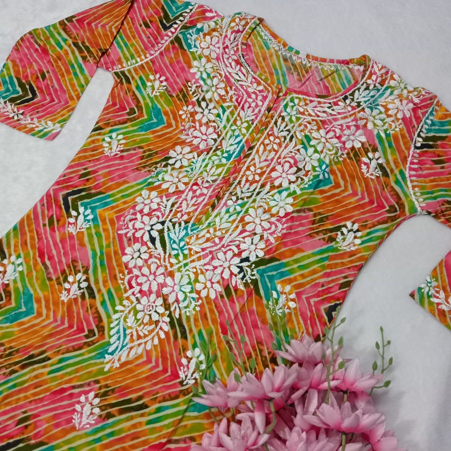 PURE RAYON MULTIPRINTED CHIKANKARI KURTI - MULTICOLOR - Chikankaar