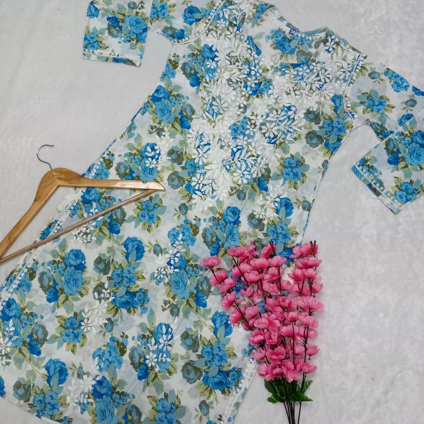 Aisha Mulmul Floral Printed Chikankari Handwork Kurti- Blue Colour - Chikankaar