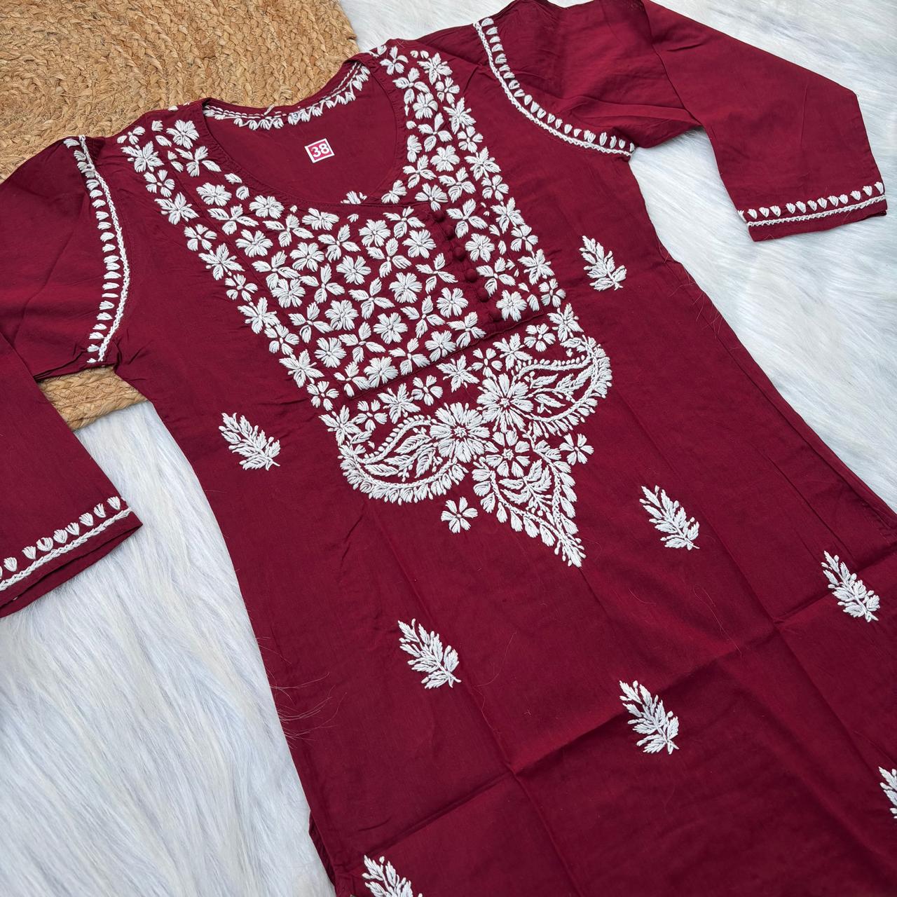 Sabeena Pure Cotton Chikankari Kurti Maroon Colour