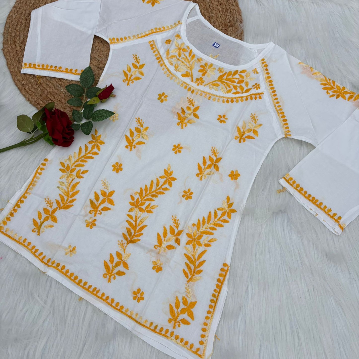 Alia Soft Rayon Chikankari Short Kurti - White Yellow Color - Chikankaar
