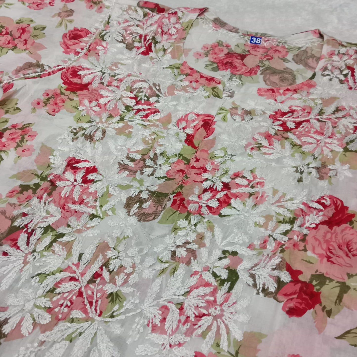 Aisha Mulmul Floral Printed Chikankari Handwork Kurti- Red Colour - Chikankaar