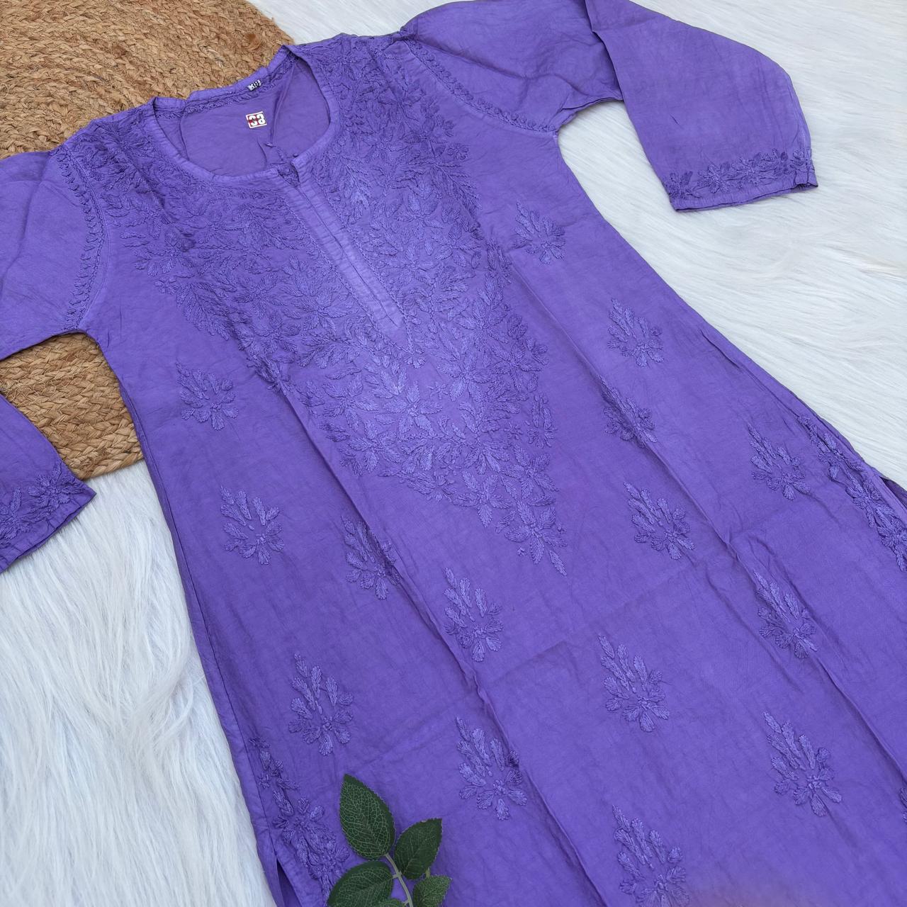 Zooni Chanderi Lucknowi Chikankari Dyed Kurti- Purple colour