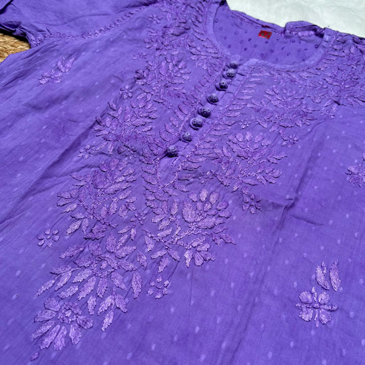 Adaah Ombre Shaded Dobby Cotton Chikankari Kurti - Purple - Chikankaar