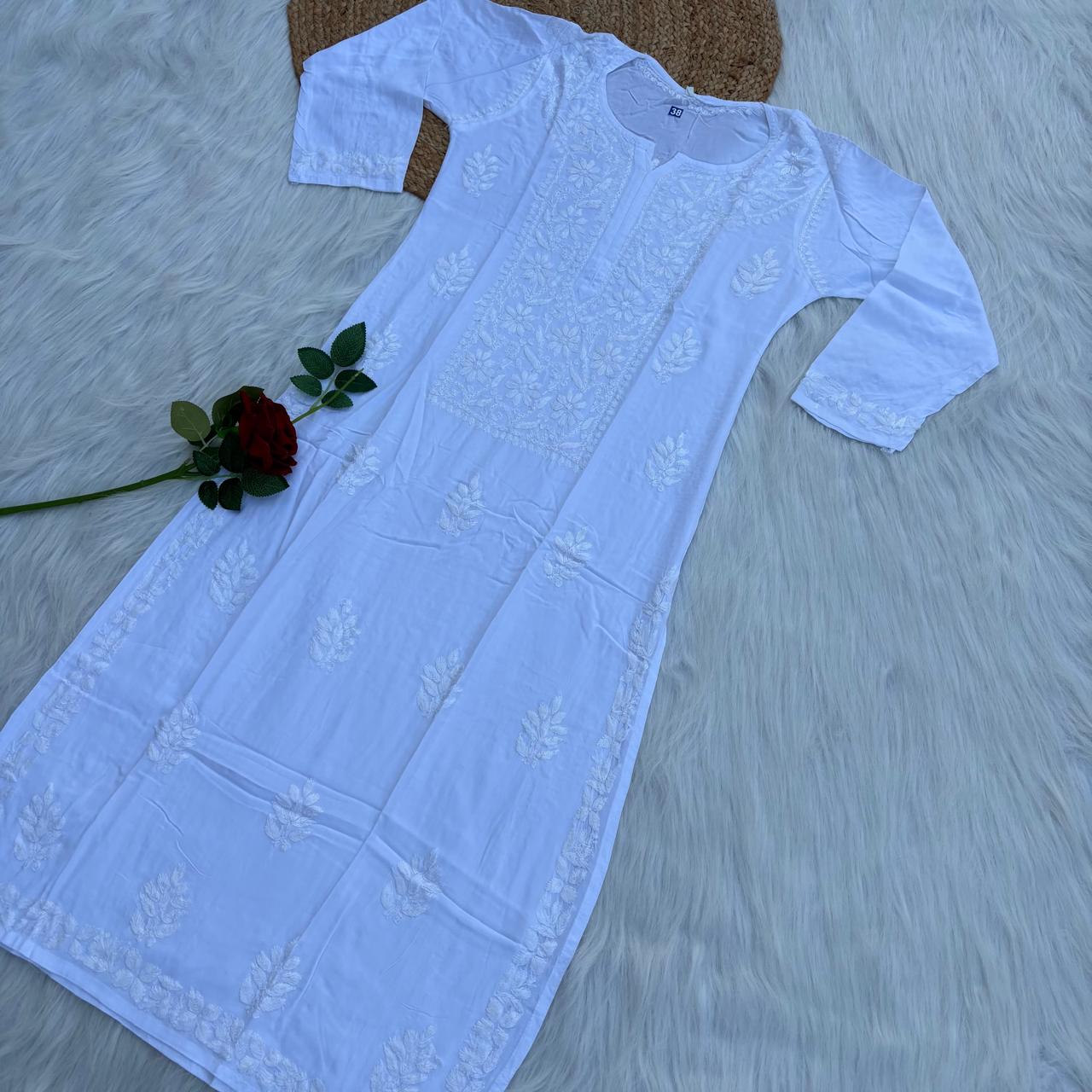 Soft Rayon Chikankari Kurti - White Colour