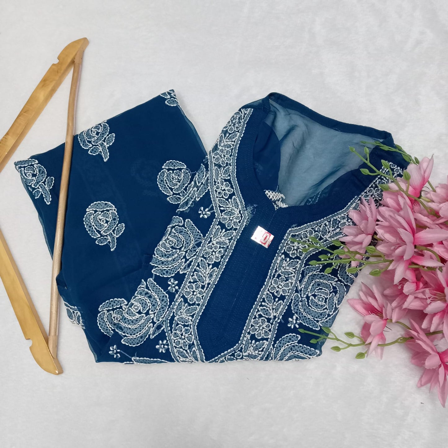 Georgette Chikankari Rose Work Kurti With Pure Cotton Inner -T Blue Colour - Chikankaar