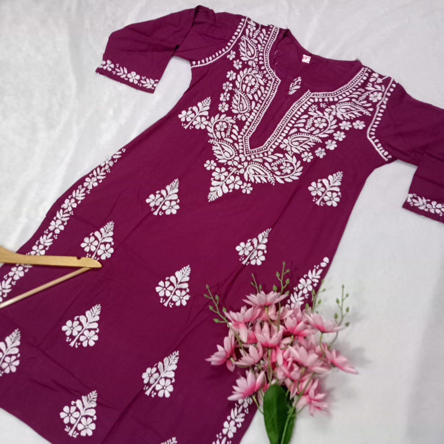 Pure Rayon Chikankari Kurti - Wine Color - Chikankaar
