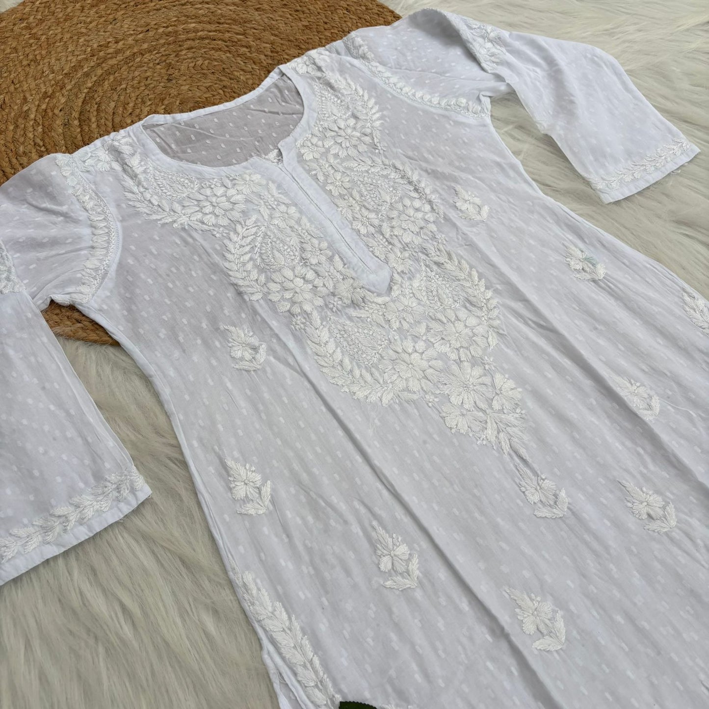 Vani Dobby Cotton Chikankari Kurti - White Colour