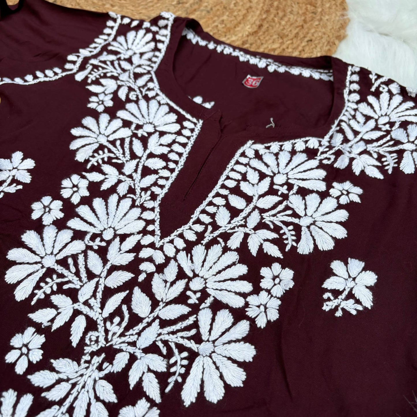Ina Soft Rayon Chikankari Short Kurti - Brown Colour - Chikankaar