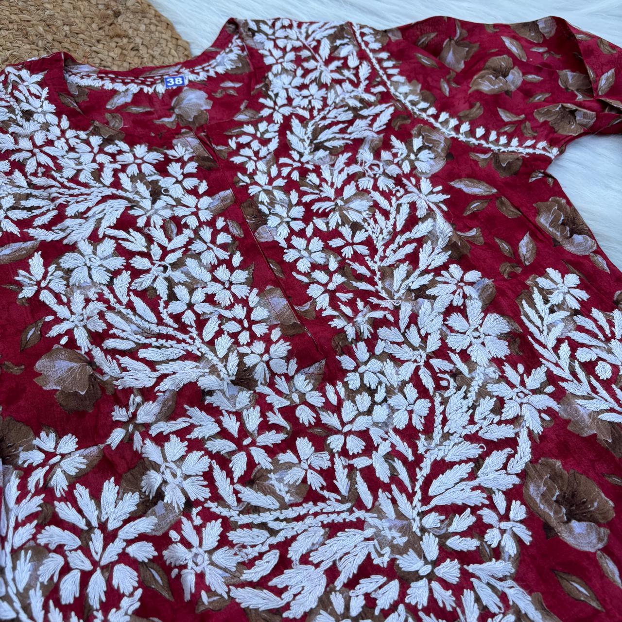 Sana Pure Mulmul Chikankari Handwork Kurti - Red Colour