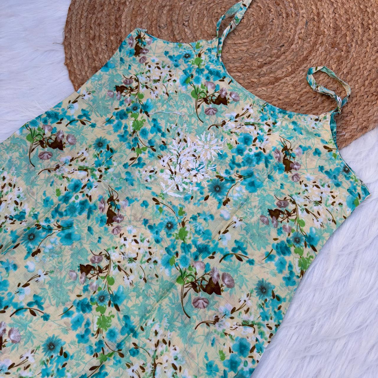 Hana Mulmul Chikankari Noodle Strap Short Kurti -Sea green colour (Length - 38")