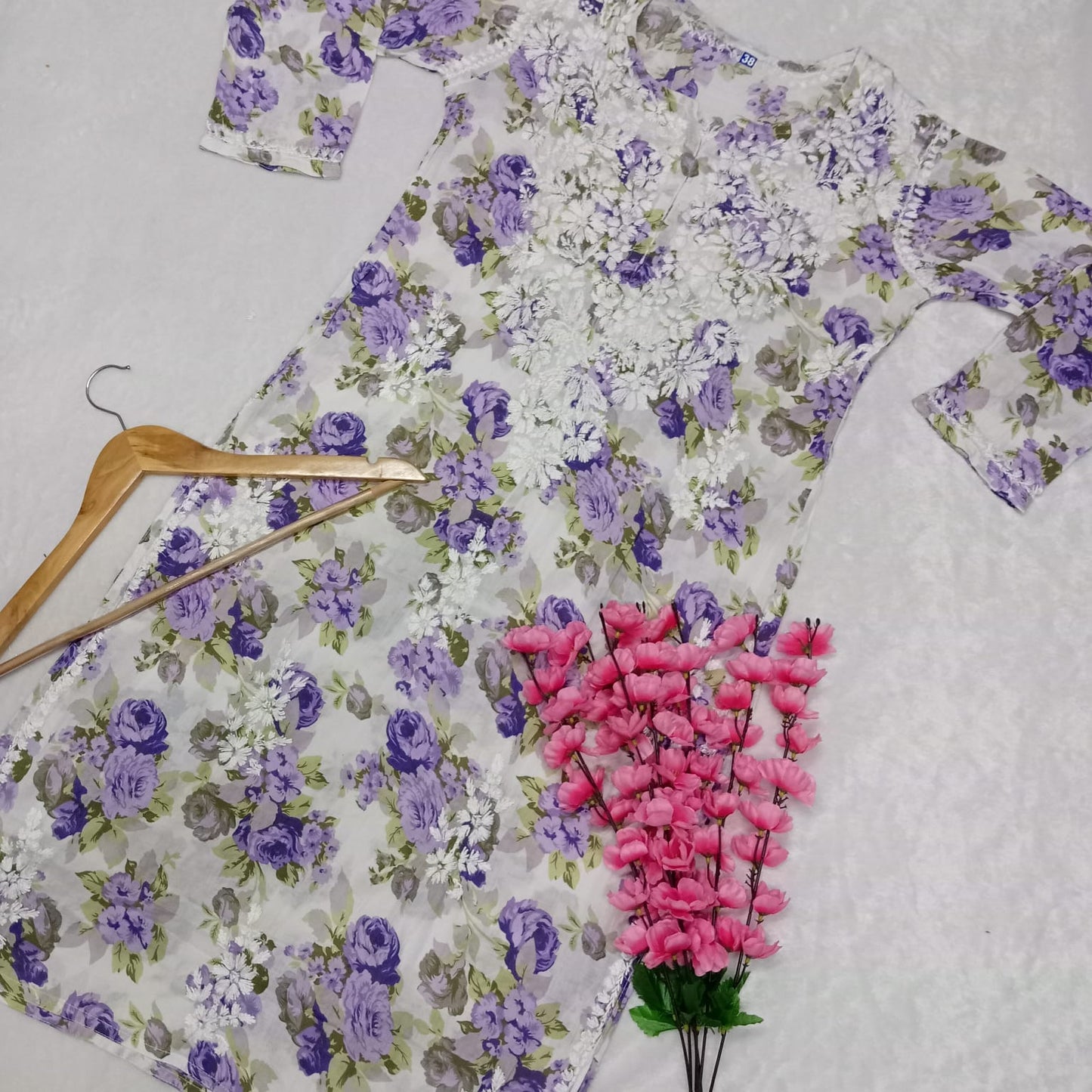 Aisha Mulmul Floral Printed Chikankari Handwork Kurti- Purple Colour - Chikankaar