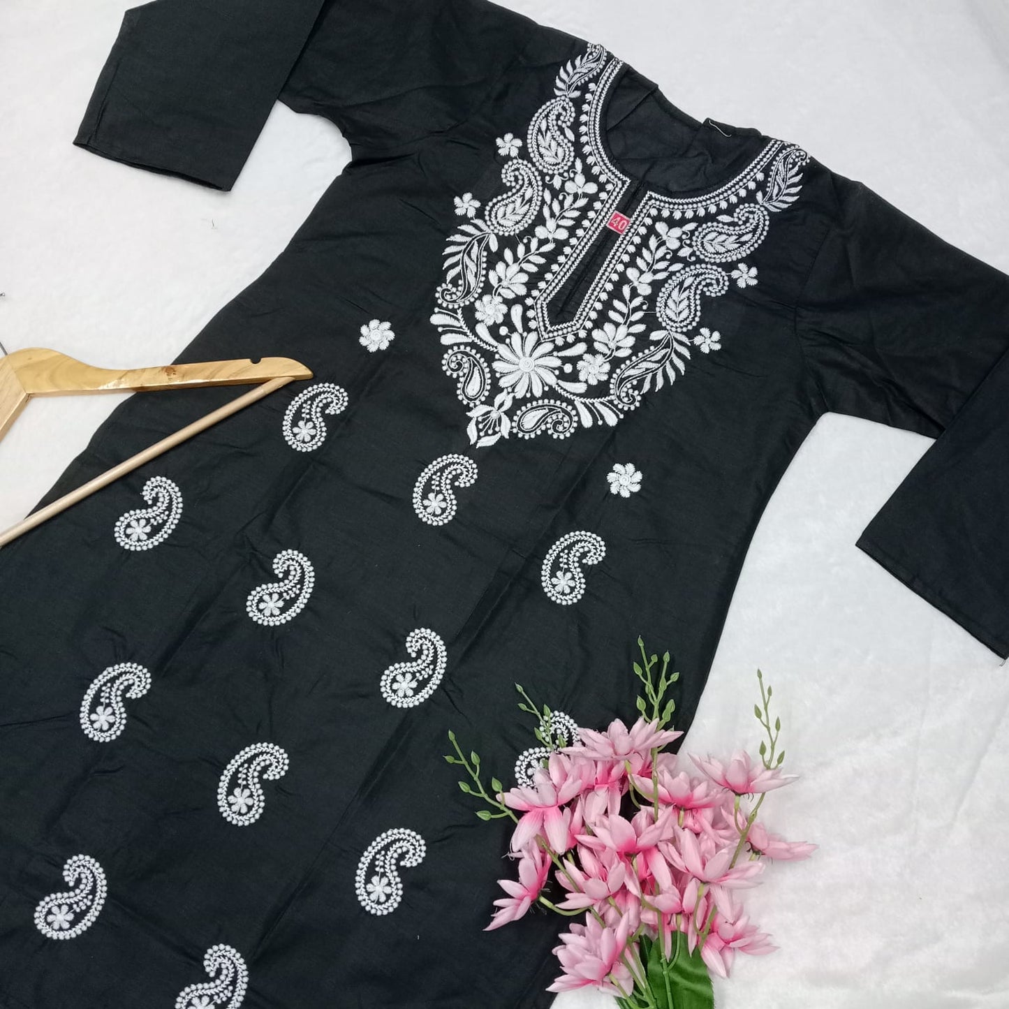 Cotton Machine Work Chikankari Kurti - Black Colour - Chikankaar