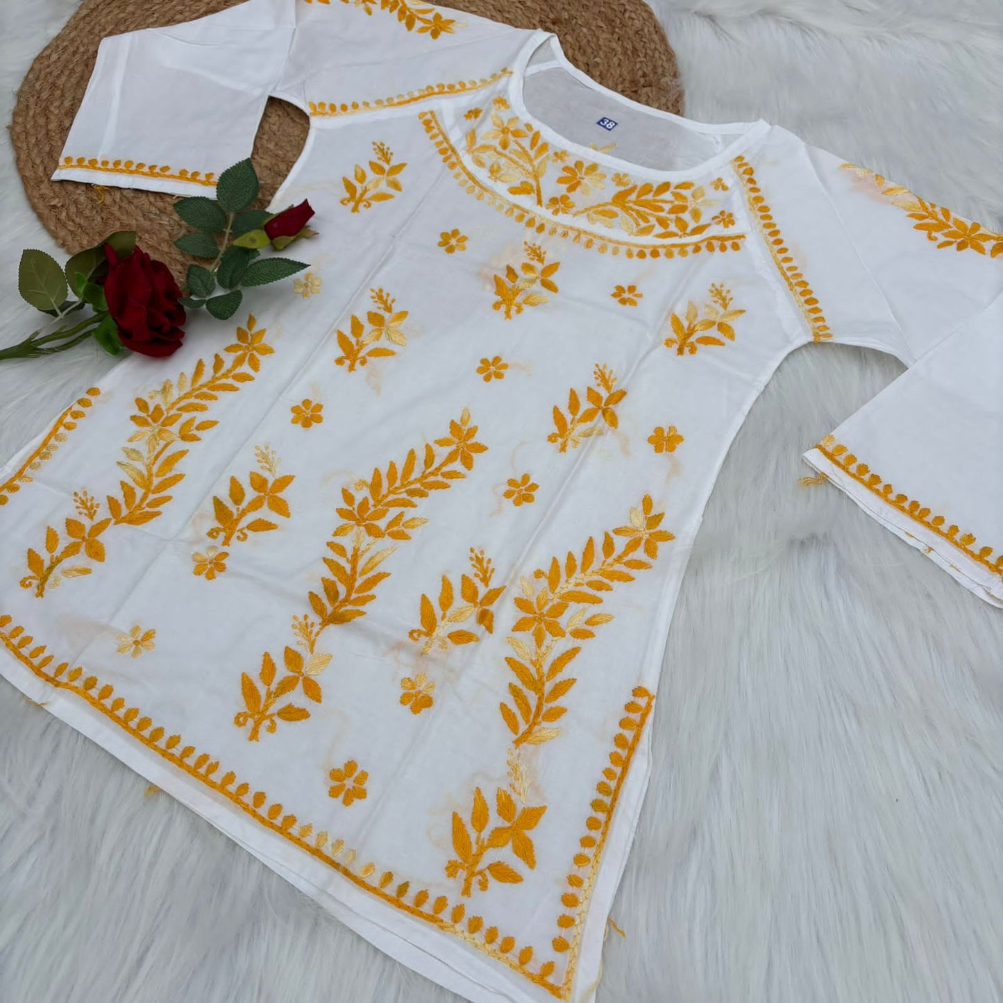 Alia Soft Rayon Chikankari Short Kurti - White Yellow Color - Chikankaar