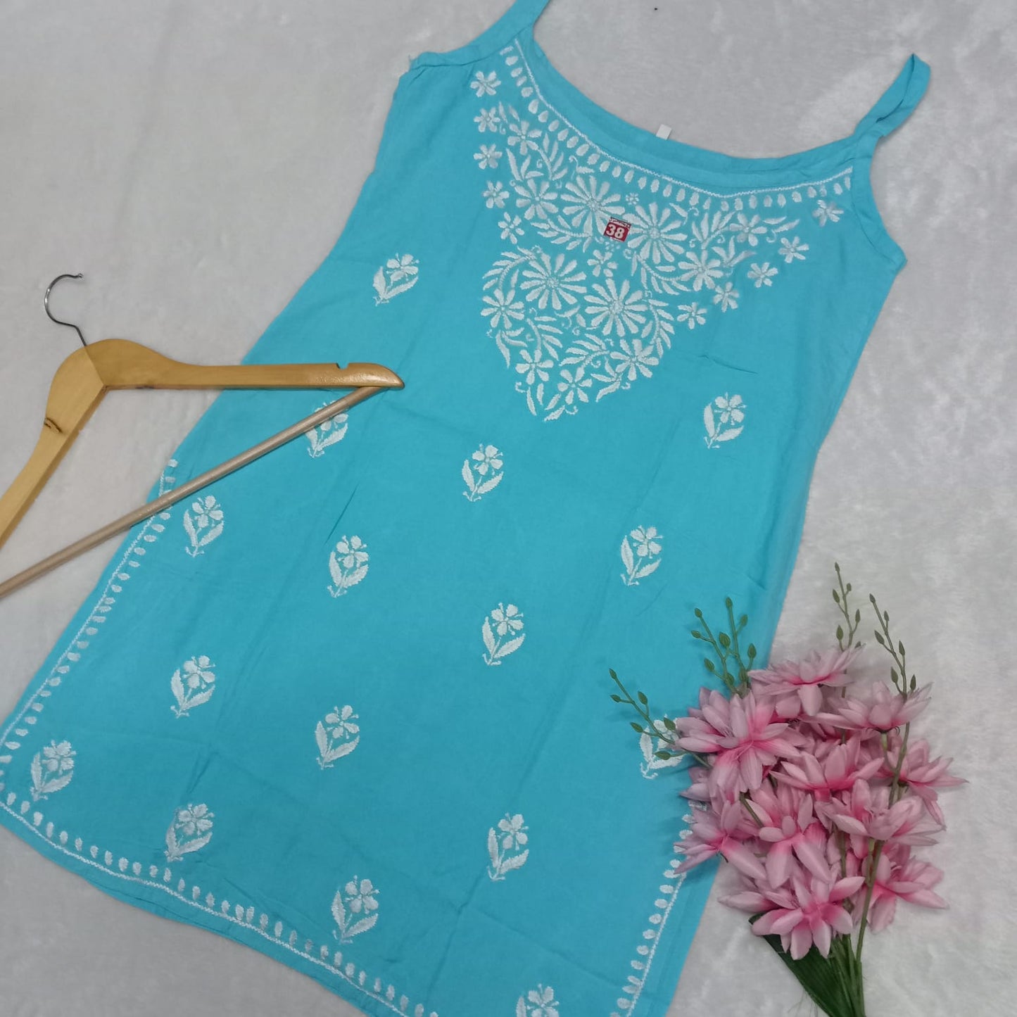 Nafisa Chikankari Sleeveless Short Kurti - Blue Colour - Chikankaar