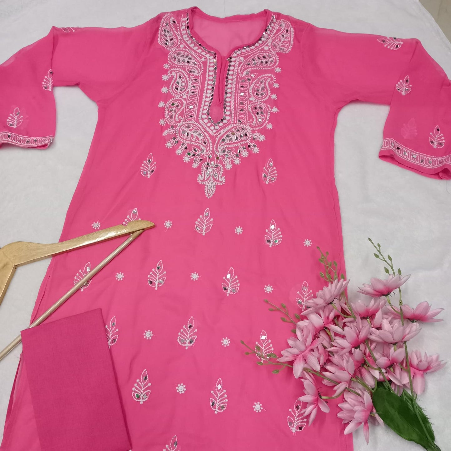 Georgette Mirror Work Chikankari Machine Work Kurti With Inner -Rani Colour - Chikankaar