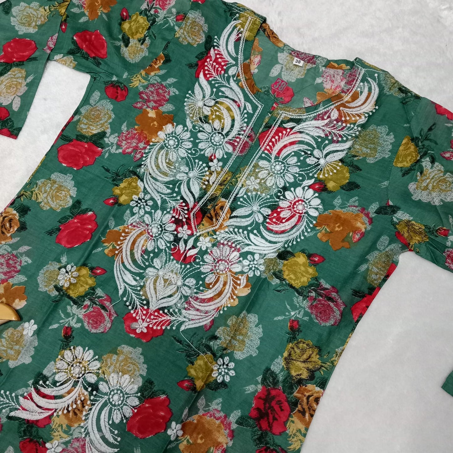 Mulmul Cotton Floral Print Chikankari Machine Work Kurti -Dark Green Colour - Chikankaar