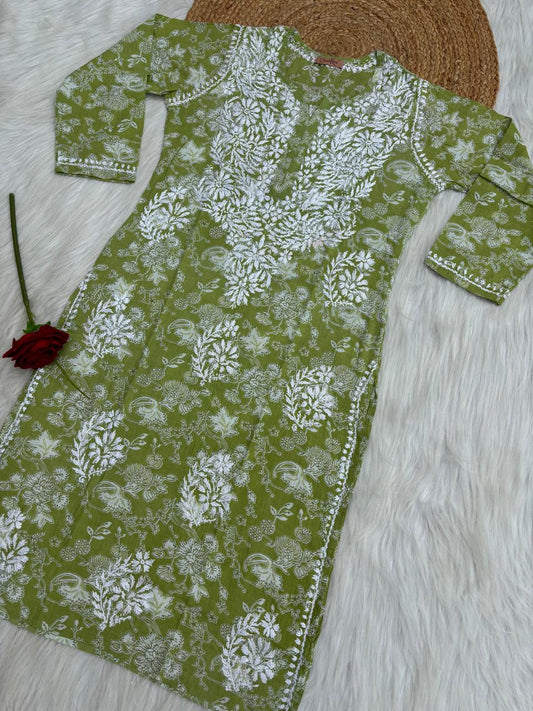 Sameera Pure Mulmul Chikankari Handwork Kurti - Green Colour