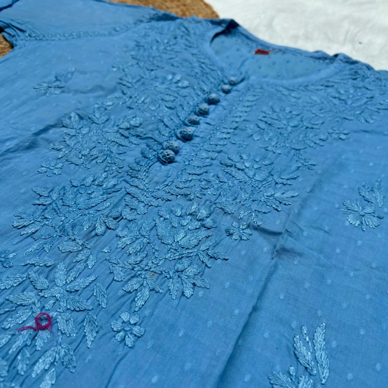 Adaah Ombre Shaded Dobby Cotton Chikankari Kurti - Sky Blue - Chikankaar