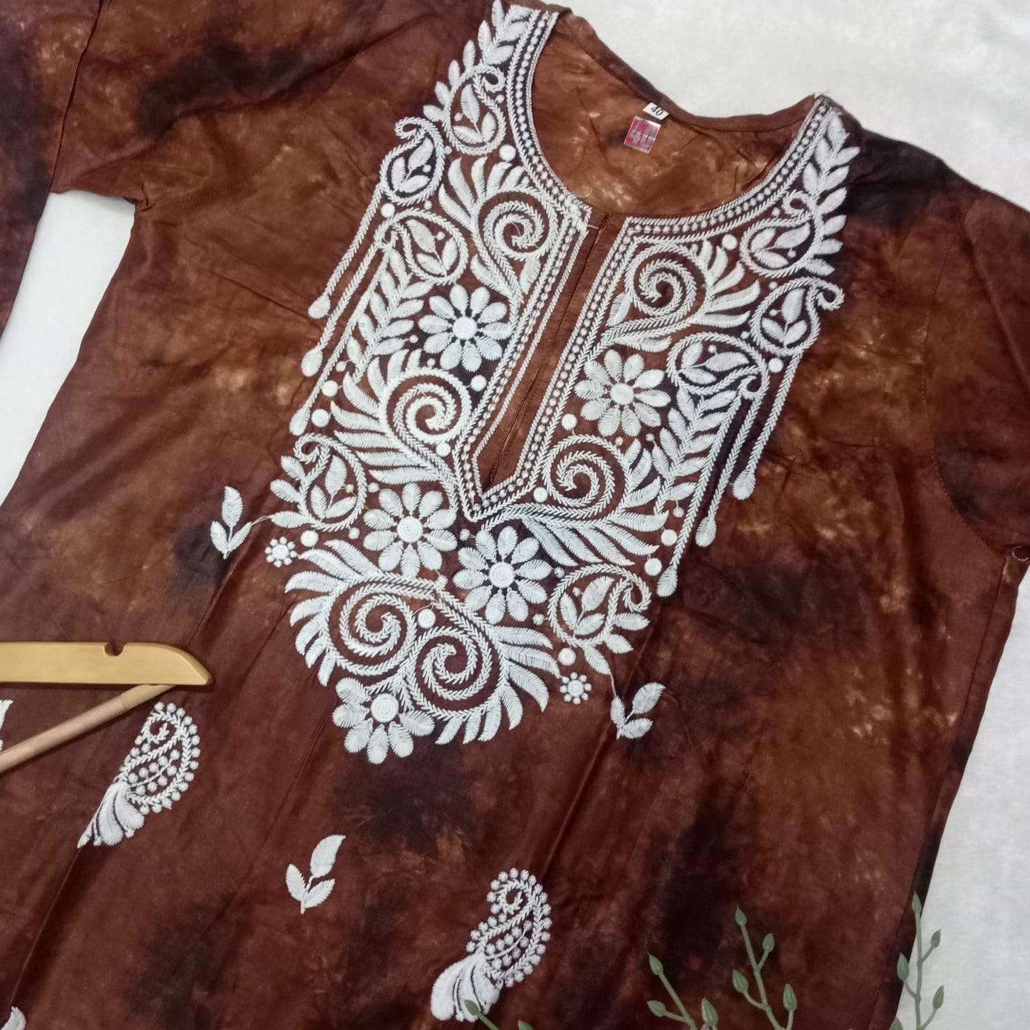 Rayon Tie & Dye Chikankari Machine Work Kurti -Brown Colour - Chikankaar