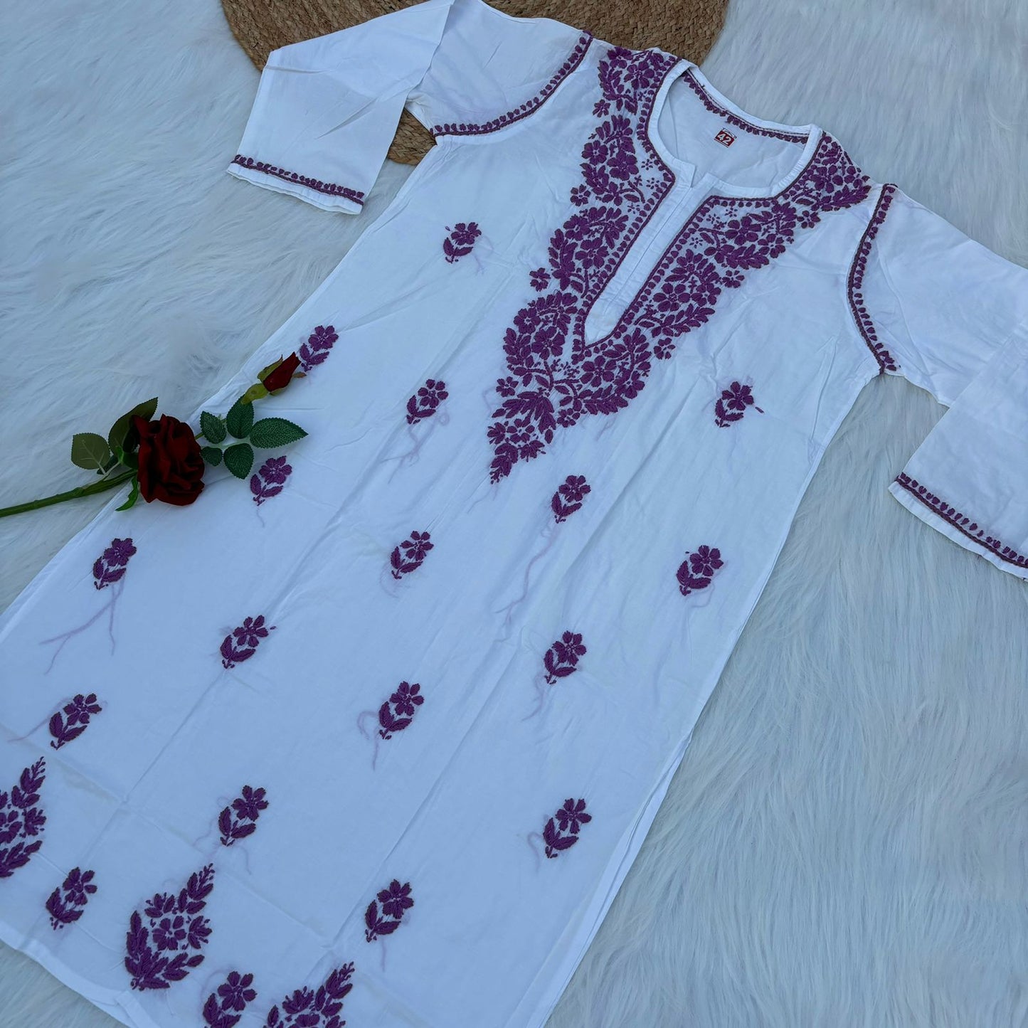 Shraddha Kapoor inspired Pure Cotton Chikankari Kurti - White Mauve Color - Chikankaar
