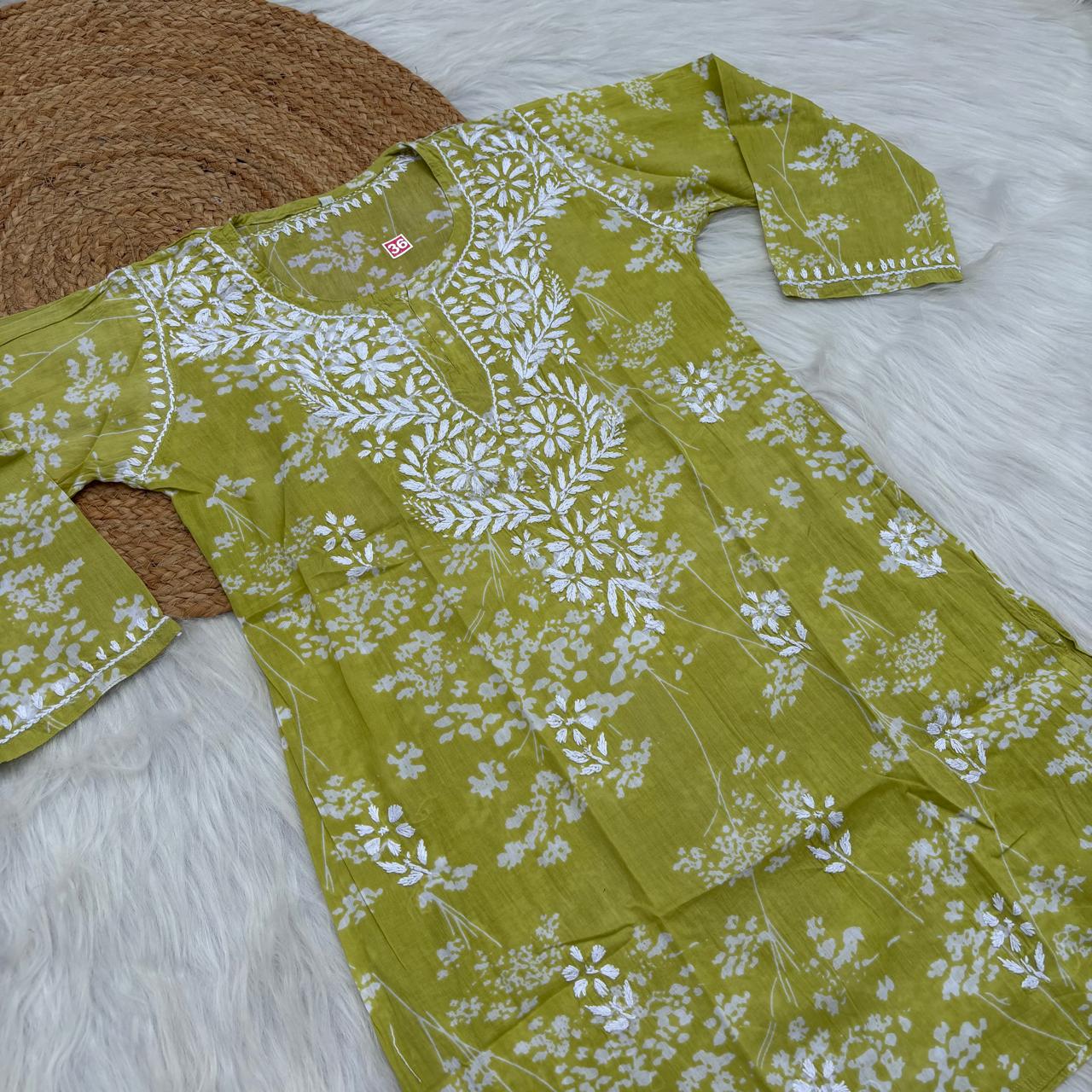 Malika Pure Mulmul Cotton Short Kurti - Green Colour