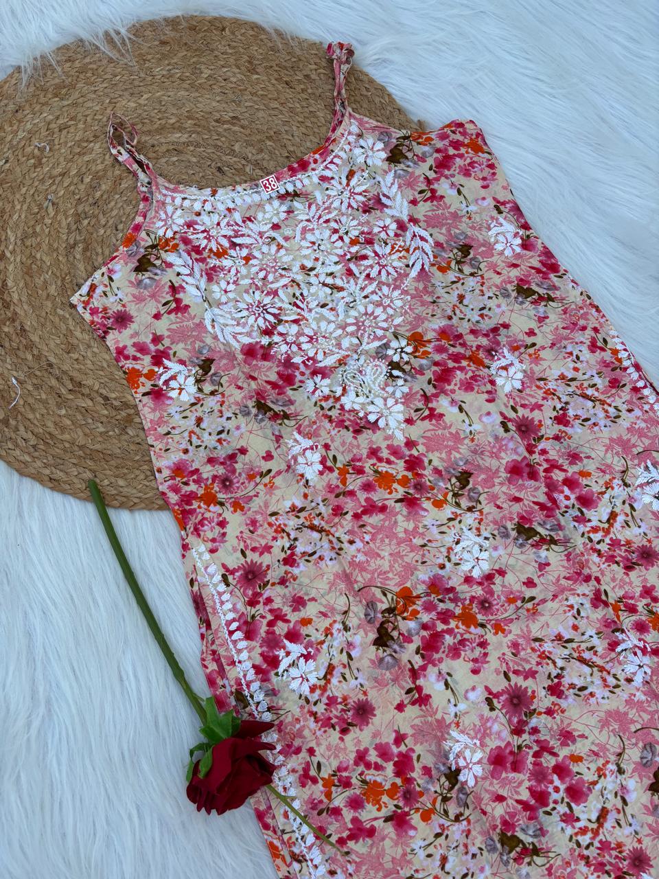 Hana Mulmul Chikankari Noodle Strap Short Kurti - Red colour (Length - 38")