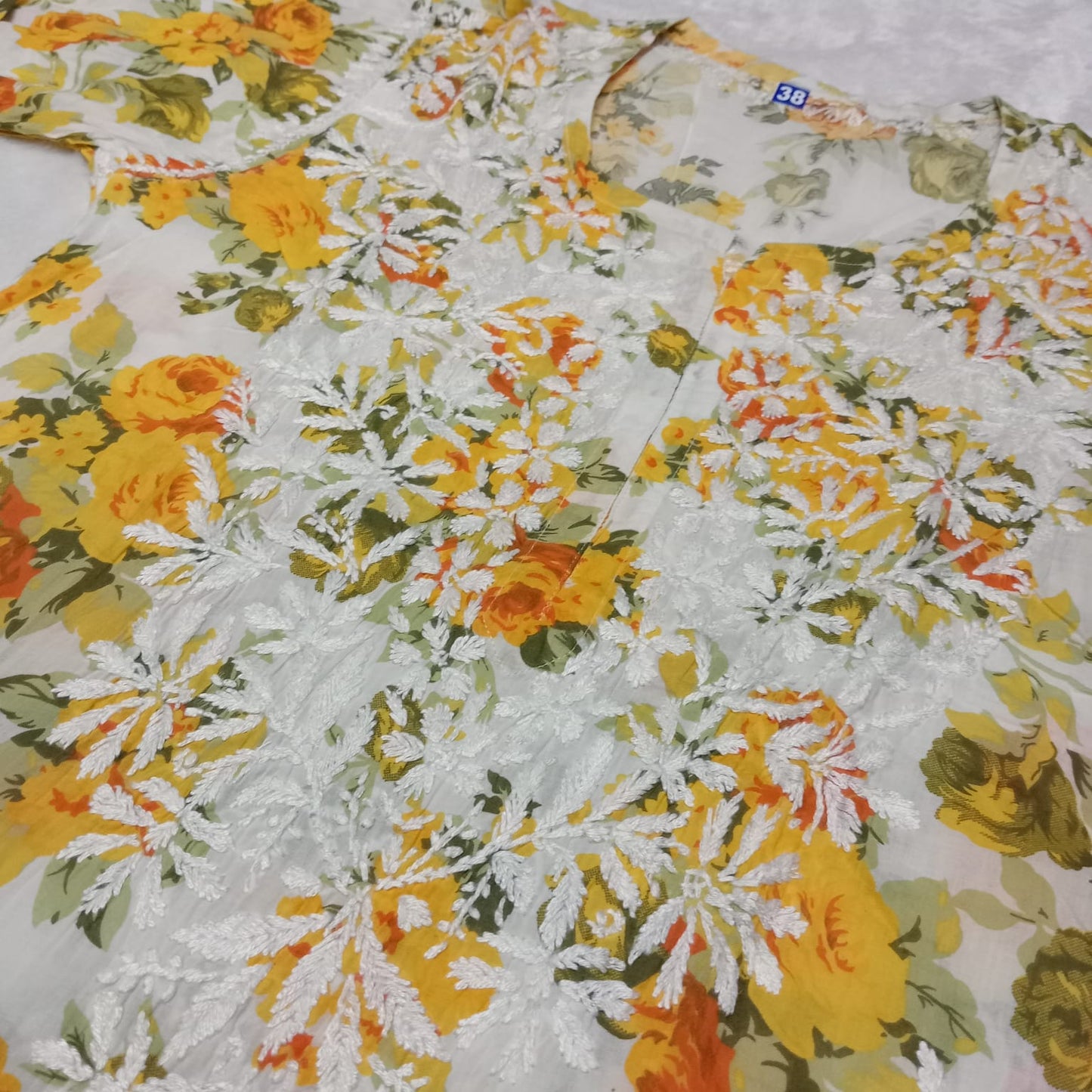 Aisha Mulmul Floral Printed Chikankari Handwork Kurti- Yellow Colour - Chikankaar