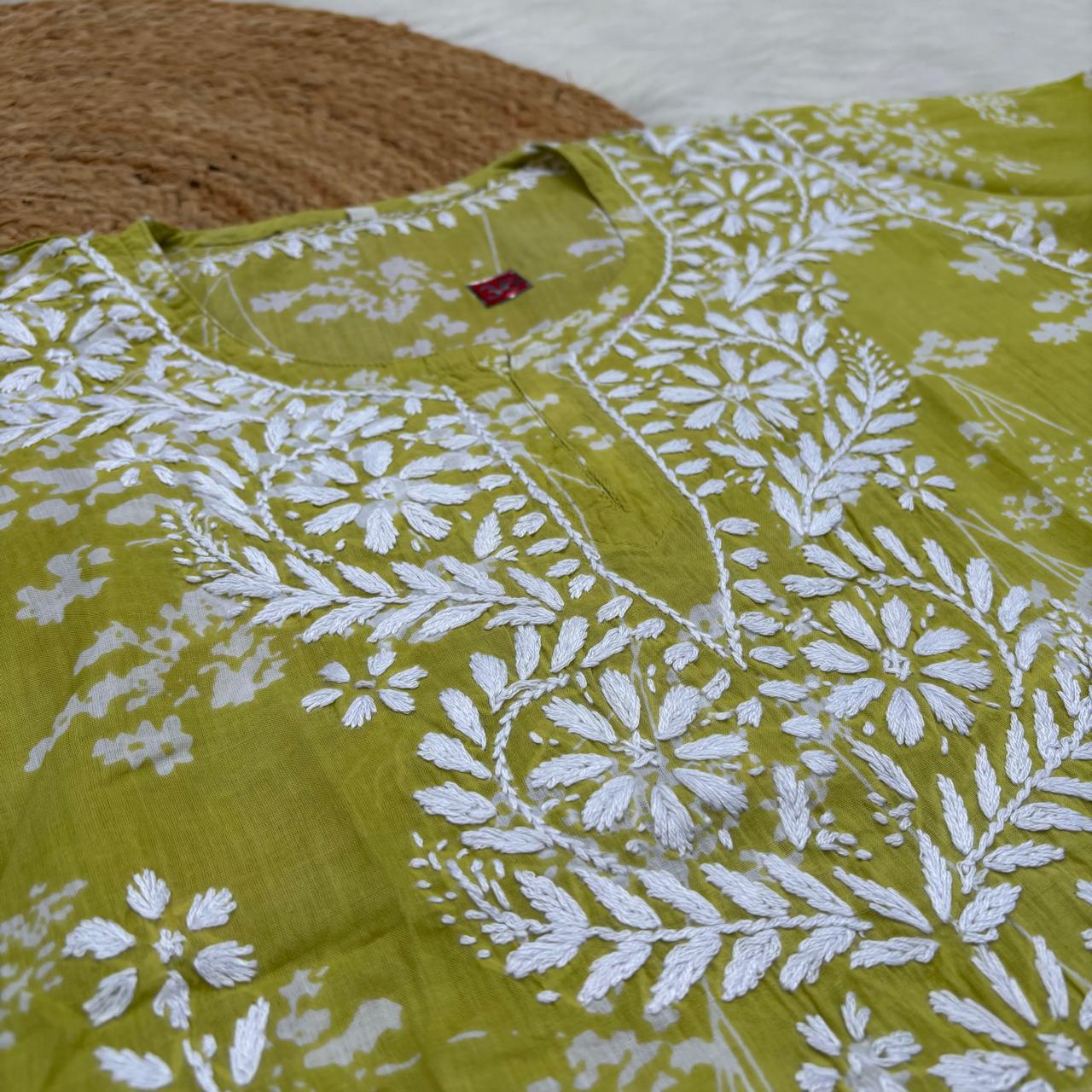 Malika Pure Mulmul Cotton Short Kurti - Green Colour