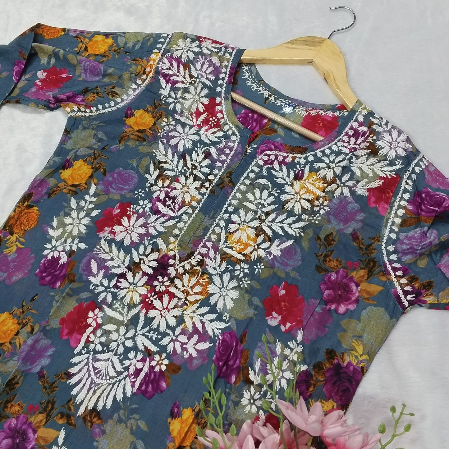 Dhanashree Inspired Mulmul Floral Printed Chikankari Handwork Kurti - Grey Colour - Chikankaar