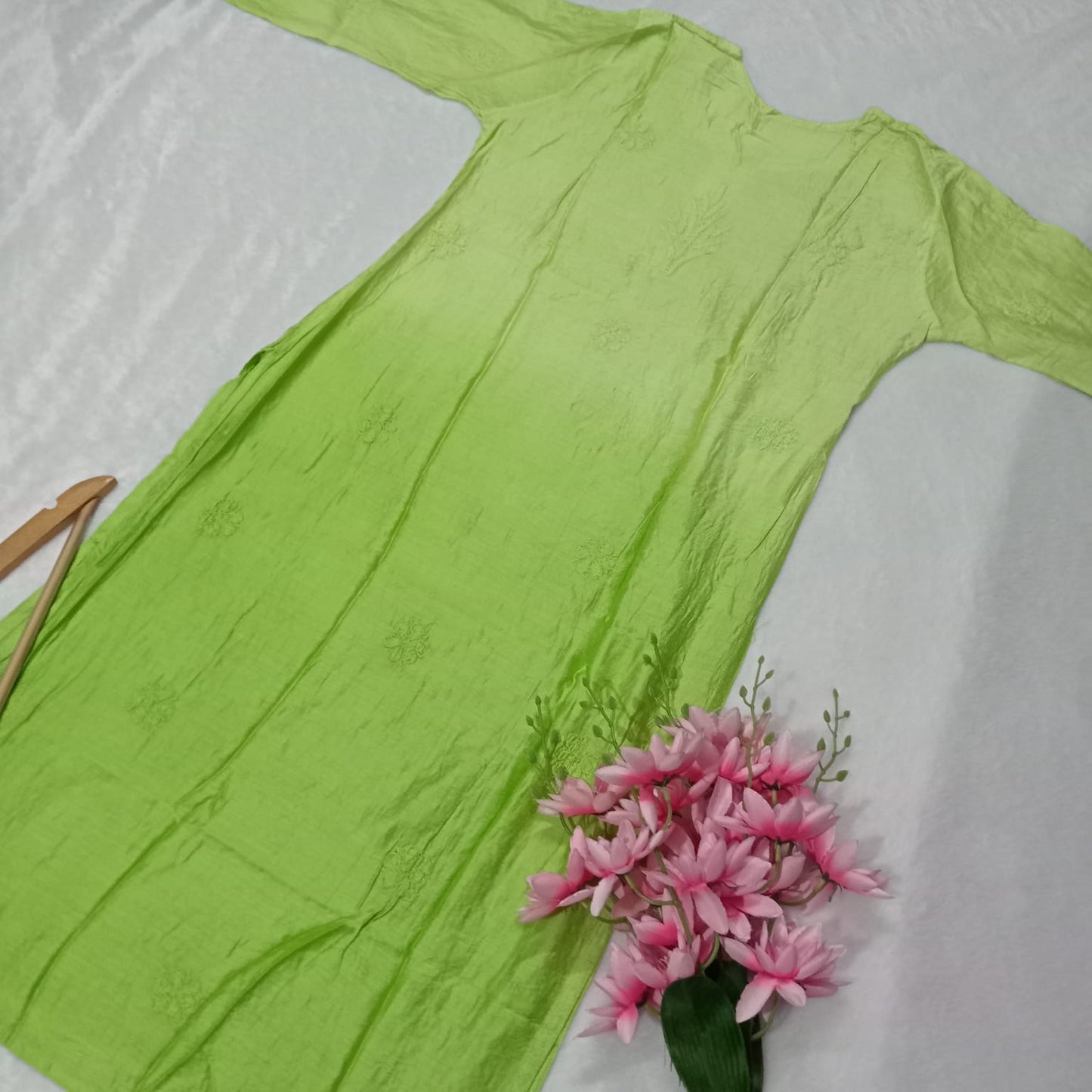 Soft Chanderi Dual Shaded Chikankari Kurti -Green Color - Chikankaar