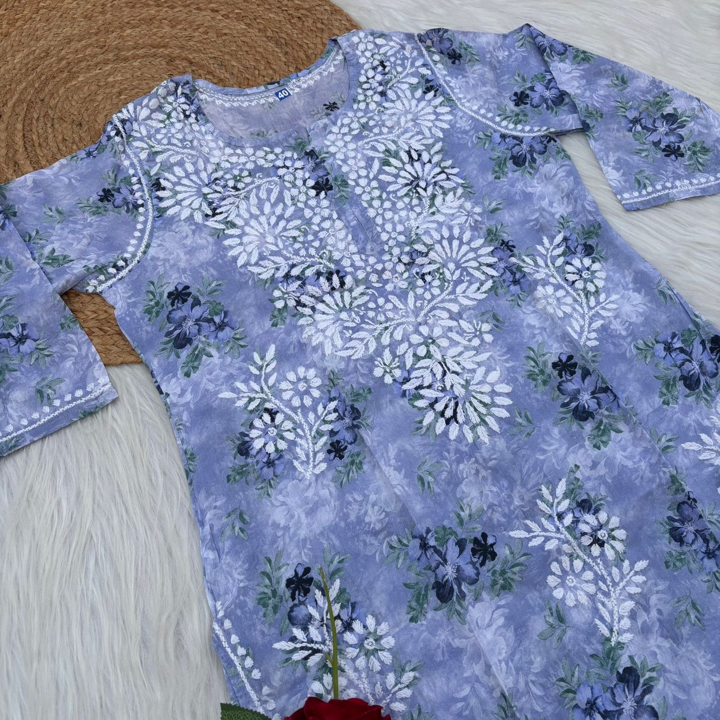 Fawziya Pure Mulmul Chikankari Handwork Kurti - Blue Colour