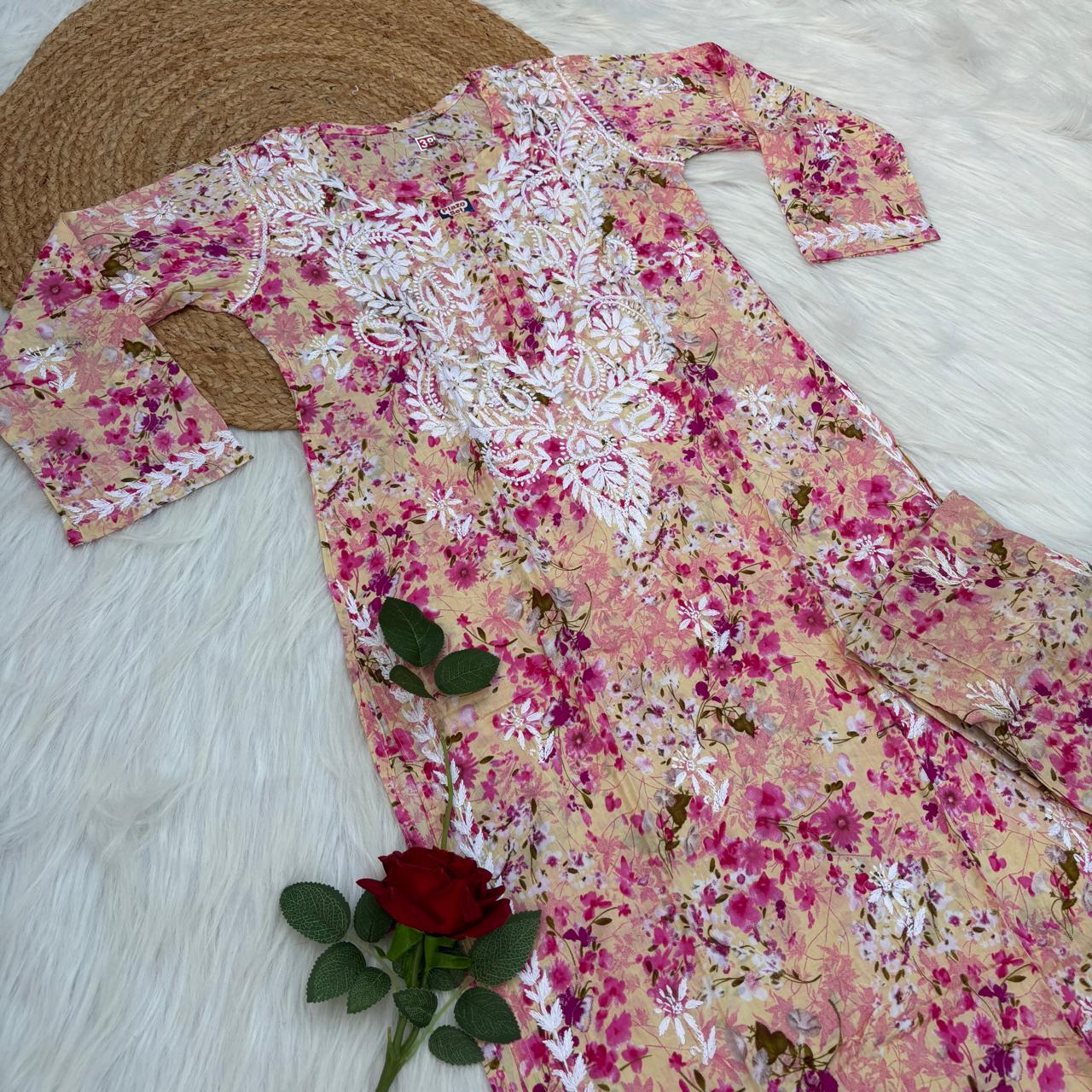 Maira Mulmul Cotton Chikankari Kurti Set - Pink Colour