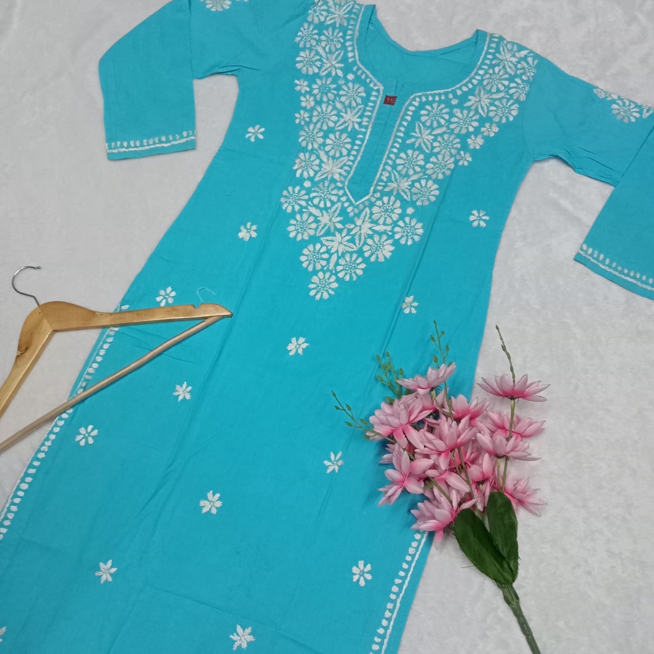Pure Cotton Chikankari Handwork Kurti - Sky Blue Colour - Chikankaar