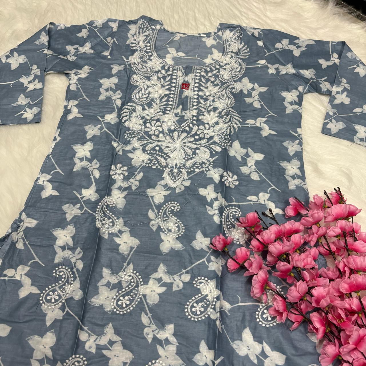 Mulmul Cotton Chikankari Machine Work Kurti -Grey Colour - Chikankaar