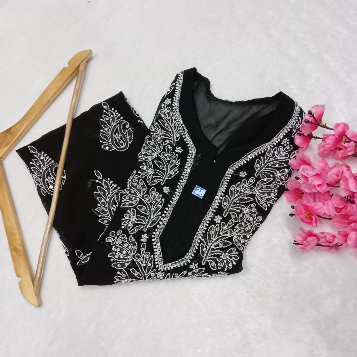 Stone Work Georgette Chikankari Kurti -Black Colour - Chikankaar