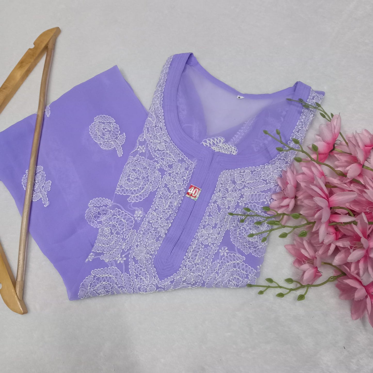 Georgette Chikankari Rose Work Kurti With Pure Cotton Inner -Purple Colour - Chikankaar